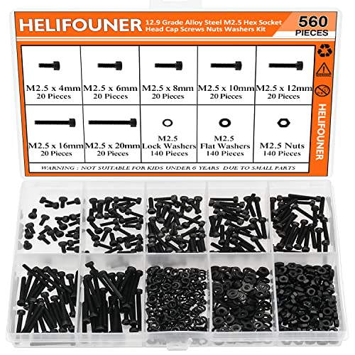 HELIFOUNER 560 Pieces M2.5 x 4mm /6mm /8mm /10mm /12mm /16mm /20mm, Hex Socket Head Cap Screws Bolts Washers Nuts Kit, 12.9 Grade Alloy Steel, Full Threaded, Black - size: M2.5, style: Socket Head