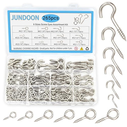 265-Piece Zinc-Plated Screw Eyes & Hooks Assortment Kit, 11 Sizes Self-Tapping Metal Eyelet Screws, 3/4"–2-1/16" for Hanging, Crafts & DIY