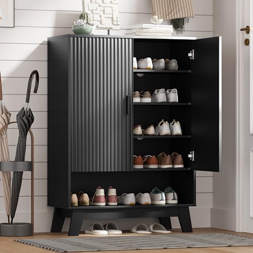 HUANLEGO Shoe Cabinet Storage for Entryway with Doors, Black | 5 Tier Fluted Shoe Organizer with Adjustable Shelves, Shoe Storage with Wooden Legs, Freestanding Shoe Rack for Entryway - color: Black, size: 5 Tier