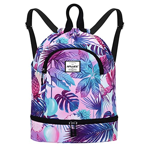 Dry Wet Drawstring Backpack with Shoe Compartment for Women Adjustable Gym Bag - color: Pineapple Colorful
