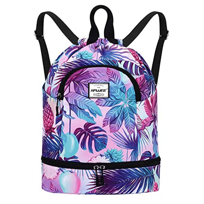 Dry Wet Drawstring Backpack with Shoe Compartment for Women Adjustable Gym Bag - color: Pineapple Colorful