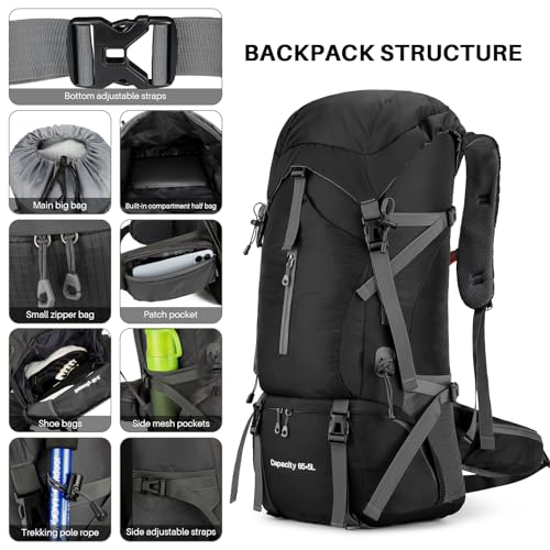 OKYUK 70L Hiking Backpack, Camping Hiking Back Pack, Water Resistant Lightweight Mountain Climbing Bag, Outdoor Camping Sport Daypack with Rain Cover, for Travel, Touring, Cycling (Black, 70L) - color: Black