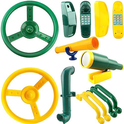 11 Pcs Playground Swing Set Accessories Plastic Pirate Steering Wheel with Safety Handles Telescope Periscope Telephone Playset for Outdoor Playground Treehouse Jungle Gym Accessories