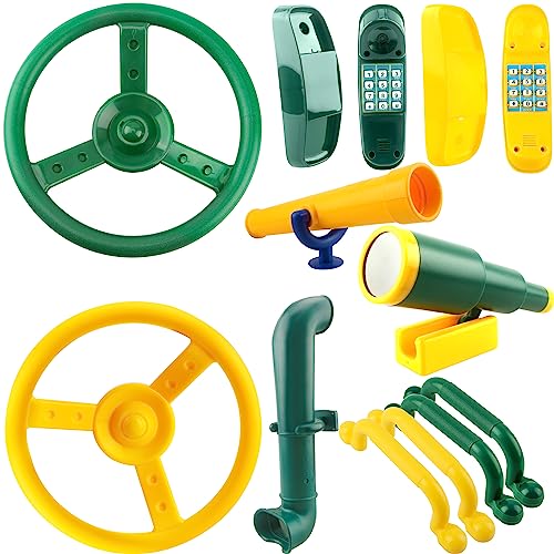 11 Pcs Playground Swing Set Accessories Plastic Pirate Steering Wheel with Safety Handles Telescope Periscope Telephone Playset for Outdoor Playground Treehouse Jungle Gym Accessories