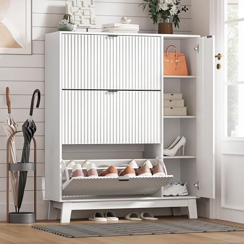 Shoe Cabinet Storage for Entryway with 3 Flip Drawers & Side Cabinet, Fluted Narrow Shoe Organizer with Wooden Leg, Freestanding Shoe Storage Hidden Shoe Rack Organizer for Front Door Entrance, White - color: White, size: 3 Drawer with Door