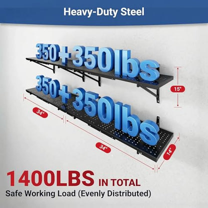 FLEXIMOUNTS 2-Pack 1x6ft Garage Shelving 14-inch-by-68-inch Perforated Wall Shelf, Heavy Duty Garage Storage Rack with 1400 lbs Load Capacity, Wall Mounted Organization System for Tools, Heavy Bins - size: 14" x 68"