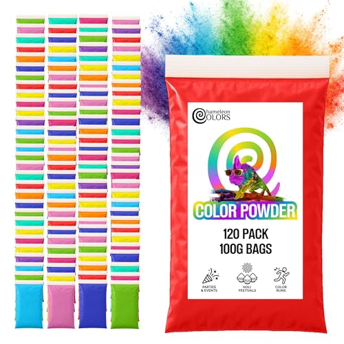 Chameleon Colors 100g Color Powder Packs - 120 Pack - 10 Vibrant Colors in Clear Bags - Non-Toxic & Gluten-Free - Great for Holi, Color Wars, Fun Run, Gender Reveal & Summer Camp - size: 120 Pack