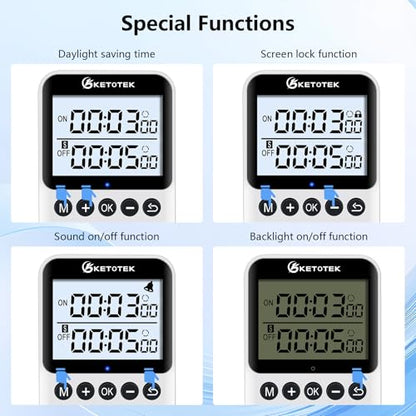 KETOTEK KTTS02 Repeat Cycle Timer Outlet Plug in Timer Switch Socket | Indoor Electrical Countdown Timers for Lights,Aquarium,Pets Home Appliances