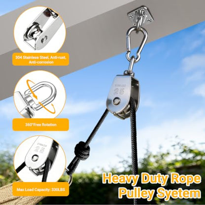 M25 Stainless Steel Pulley System Kit,Pulley Block with Nylon Rope | 2 Pack M25 Heavy Duty Pulleys Wheel with Rope Cleat, Eye Pad Plate and Hooks for Sun Shade Sail, Clothesline | 2 Pack M25 Heavy Duty Pulleys Wheel with Rope Cleat, Eye Pad Plate and Hook