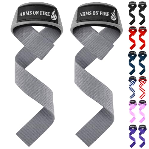TECEUM Lifting Straps for Weightlifting Gym Strength Training - Wrist Straps with Neoprene Padded Cotton - Men & Women – Ideal for Powerlifting, Bodybuilding & Deadlifts - color: Gray, size: 18" - Arms on Fire