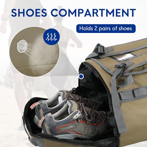 Haimont Duffel Backpack Bag 50L Water Repellent Sports Gym Bag Foldable Men Women with Shoe Compartment for Travel Hiking Camping Outdoor, Upgrade, Khaki - color: Khaki