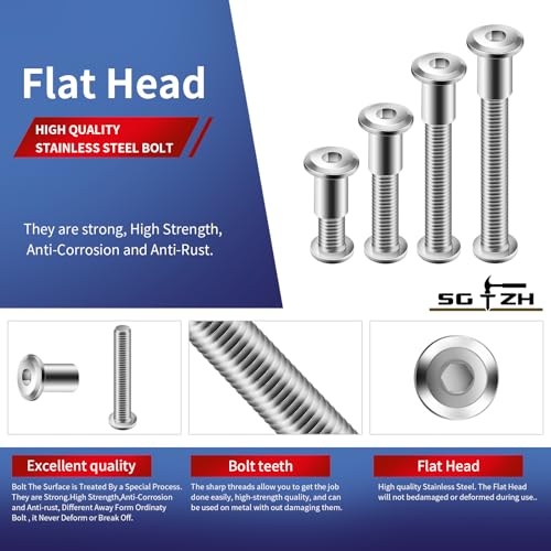 1/4-20 x 2-1/2" 20Pcs Flat Head Hex Socket Cap Screws Bolts Barrel Nuts Kit, 304 Stainless Steel 18-8, Full Thread by SG TZH (with Hex Spanner) - color: Silver, size: 1/4-20 x 2-1/2"