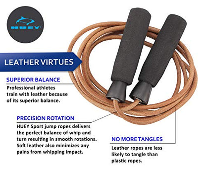 HUEY Sport Leather Jump Rope Skipping Rope for Speed Quiet Training Boxing MMA Cardio Crossfit Fitness Workout Indoor and Outside Exercise for Adult Kids Men and Women (5.5 oz)