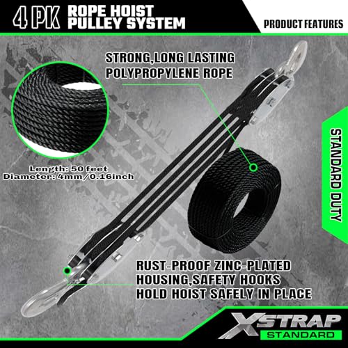 XSTRAP STANDARD Heavy-Duty 2,000 LB Breaking Strength 50 FT Rope Hoist | 1000Lbs work load, metal wheel bearing pulley for lifting heavy objects, includes 2 soft loops, heavy-duty rope hoist (Black) - color: 50ft Black Standard