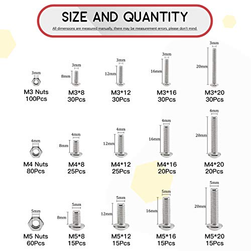 Hilitchi 510pcs M3 M4 M5 Stainless Steel Button Head Hex Socket Head Cap Bolts Screws Nuts Assortment Kit - 304 Stainless Steel (Button Head) - style: Button Head