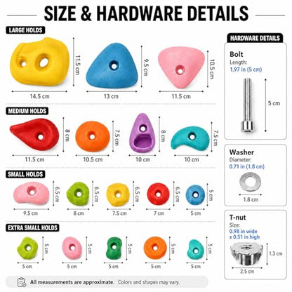 36 Pack Rock Climbing Holds with M10 Hardware, Textured Resin Wall Grips | Assorted shapes for route setting; fits garage & home gym wood walls; 230lb capacity; adult install required