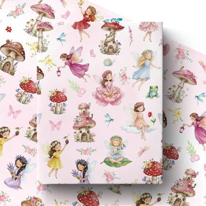 Liobelon Fairy Wrapping Paper Roll – 17" x 16.4 Ft Enchanted Forest Gift Wrap with Mushroom Houses, Flowers & Butterflies – Magical Birthday, Princess Party, Wedding Shower & DIY Craft Supplies - color: Fairy