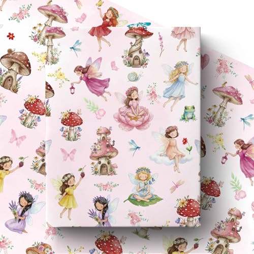 Liobelon Fairy Wrapping Paper Roll – 17" x 16.4 Ft Enchanted Forest Gift Wrap with Mushroom Houses, Flowers & Butterflies – Magical Birthday, Princess Party, Wedding Shower & DIY Craft Supplies - color: Fairy