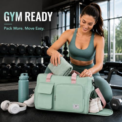 FIORETTO Women's Gym Duffle Bag with Shoes Compartment, 30L Capacity, Ideal for Travel, Gym, Sports, Duffel, Weekender - color: Green & Pink, style: Gym Bag With Toiletry Bag