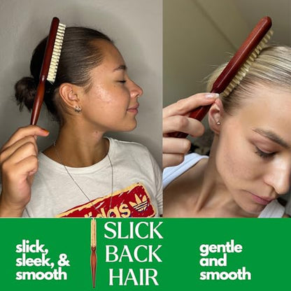 GranNaturals Soft Boar Bristle Teasing Brush for Slick Back Hair, Backcombing, Edge Control, Smoothing Baby Hairs to Create Volume and Sleek Hairstyle - White Bristles - Wooden Rat Tail Comb Handle