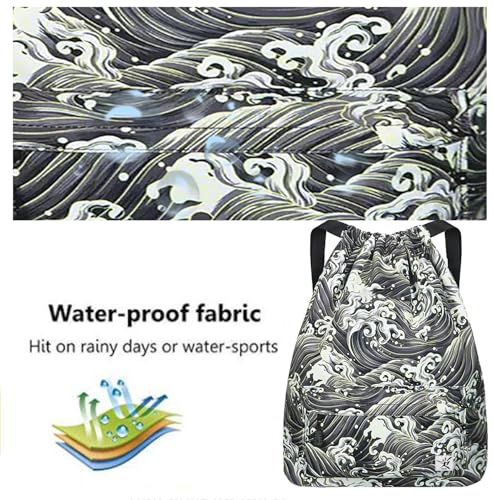 Waterproof Drawstring Bag, Gym Bag Sackpack Sports Beach Backpack for Men Women - color: 03-black Wave