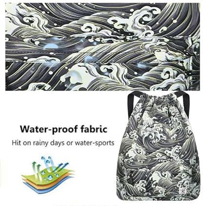 Waterproof Drawstring Bag, Gym Bag Sackpack Sports Beach Backpack for Men Women - color: 03-black Wave