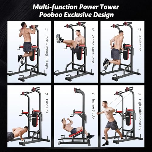 Pooboo Power Tower Dip Station Pull Up Bar for Fitness Home Gym Workout,450 Pounds Multi-Function Adjustable Height Fitness Strength Training Exercise Equipment,with Power Elastic Ropes - color: Black-05