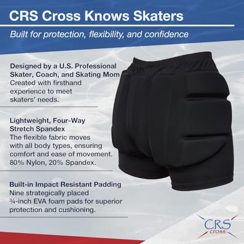 CRS Cross Padded Figure Skating Shorts. Crash Pad Pants for Hip / Tailbone | ¾” Padded Shorts for Roller, Inline, Ice Skating, Snowboarding and Skiing. Fall Impact Protection for Butt, Hips & Tailbone - size: Youth Medium