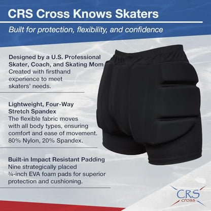 CRS Cross Padded Figure Skating Shorts. Crash Pad Pants for Hip / Tailbone | ¾” Padded Shorts for Roller, Inline, Ice Skating, Snowboarding and Skiing. Fall Impact Protection for Butt, Hips & Tailbone - size: Youth Medium