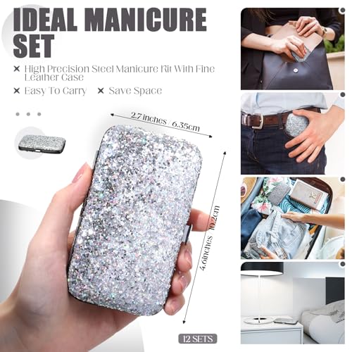 Geosar 12 Set 8 in 1 Manicure Kit Gifts Stainless Steel Nail Clippers Set Pedicure Care Tools with Leather Case Travel Portable Grooming Kit for Women Men Nurse Hands Foot(Glitter Silver) - color: Glitter Silver
