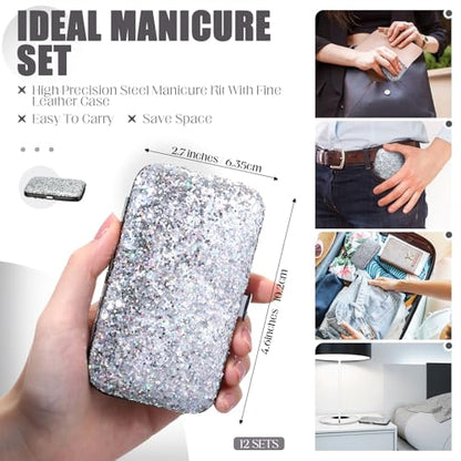 Geosar 12 Set 8 in 1 Manicure Kit Gifts Stainless Steel Nail Clippers Set Pedicure Care Tools with Leather Case Travel Portable Grooming Kit for Women Men Nurse Hands Foot(Glitter Silver) - color: Glitter Silver