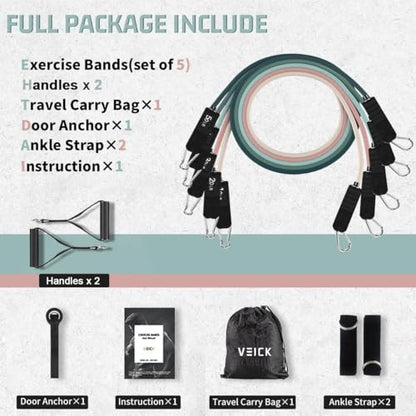 VEICK 10-150LBS Resistance Bands with Handles, Ankle Straps, Door Anchor | Accredited Lab Certified, 100% Natural Latex, Versatile for Yoga, Pilates, Strength, Home Gym - color: Macaron, style: 10-150LBS