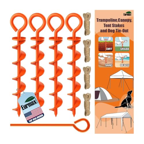 Eurmax USA 4 Pack Heavy Duty Ground Stakes,Industrial Grade Spiral Steel Screw-in Anchors with 4 Bonus Tie-Down Ropes,High Wind Stabilizing Kit for Trampolines,Dog Tie-Out,Canopy Tents,Sheds,Orange - color: Orange, style: Round Head Pro