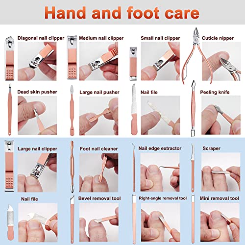 Manicure Set,ewinever 26PCS Professional Pedicure Kit Stainless Steel Nail Clippers Grooming Tools Kit Men and Women Nail Care Tools with Pink Leather Travel Case-Rose Gold
