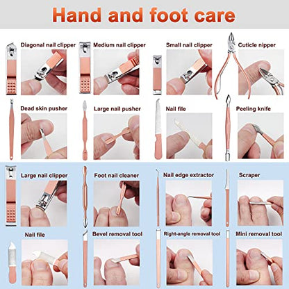 Manicure Set,ewinever 26PCS Professional Pedicure Kit Stainless Steel Nail Clippers Grooming Tools Kit Men and Women Nail Care Tools with Pink Leather Travel Case-Rose Gold