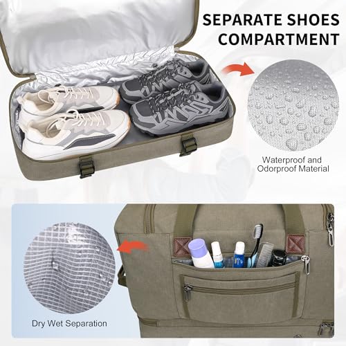 WITZMAN Duffle Bag for Men 50L Travel Canvas Weekender with Toiletry Bag | With Shoe Compartment and Dry-wet Pocket, Convertible, Carry On, One Duffel for Gym, Sports, Overnight, A8010/2 Army Green - color: Army Green