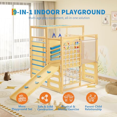 Jungle Gym with Slide, Rock Wall, Wood ＆ Rope Ladder, Monkey Bars, Gym Rings