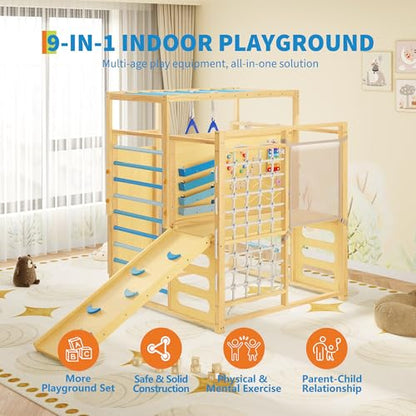 Jungle Gym with Slide, Rock Wall, Wood ＆ Rope Ladder, Monkey Bars, Gym Rings