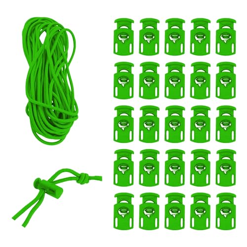 Mandala Crafts Green Shock Cord & Cord Locks for Elastic Drawstrings | 10 YDs Bungee String, 25 Spring Toggle Clips, End Stopper Clamps, for Shoelaces, Paracord, Jackets, Hoodies, Backpacks - color: Green