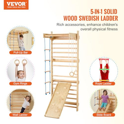 VEVOR Swedish Wall Gym, 15-Level 5 in 1 Wooden Indoor Jungle Gym, 220 lbs Load Capacity Playground Climbing Toys with Pull-Up Bar, Gymnastic Rings, Wall Ladder, Rope Ladder, and Slide Board - style: 15-Level 5 in 1