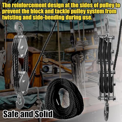 Rope Pulley Hoist Multifunctional 2200 LBS Breaking Strength | 3/8 Rope for Lifting Hoisting Rigging Garage Shop Hunting Farm Construction Industrial Warehouse Marine Overhead Recovery - color: Black.