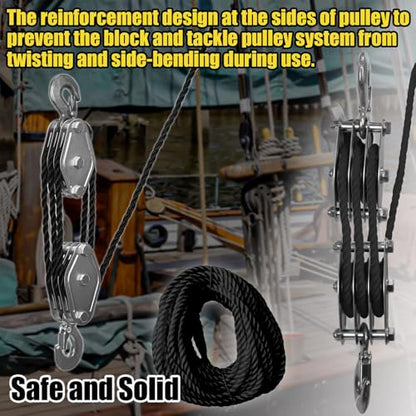 Rope Pulley Hoist Multifunctional 2200 LBS Breaking Strength | 3/8 Rope for Lifting Hoisting Rigging Garage Shop Hunting Farm Construction Industrial Warehouse Marine Overhead Recovery - color: Black.