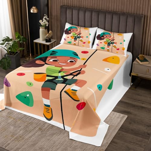 Erosebridal Cartoon Kid Climbing Twin Size Bedspread Set for Boys Girls, Colorful Climbing Wall Printed Quilt Set for Kids, Rock Climber Coverlet Set, Bouldering Sports Theme Bed Set - color: Beige White, size: Twin