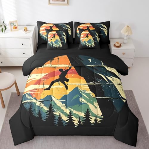 Rock Climbing Bouldering 7 Piece Comforter Set Full Size, Mountain Climber Printed Bed in a Bag, Climb Extreme Sports Theme Sheet Set with Comforter for Men Women, Retro Grunge Style Bedding Sets - color: Black Orange Blue, size: Full