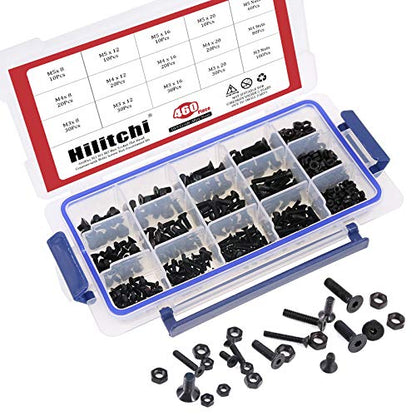 Hilitchi 460-Pcs M3 M4 M5 Hex Socket Flat Head Countersunk Bolts Screw Nut Assortment Kit - 10.9 Grade Alloy Steel - color: Flat Head Hex Socket