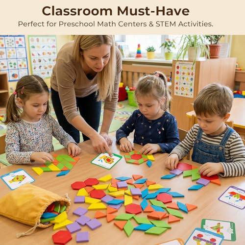 LovesTown 209 PCS Shapes Wooden Pattern Blocks for Kids, Geometric with Activity Cards and Storage Bag, Educational Tangram Puzzles,Great Learning Gift from Parents or Teachers - size: 230
