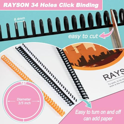 Rayson PROC1530BK Click Binding Spines, 3:1 Pitch, 120 Sheets Binding Capacity, 3/5" Diameter, Black, 30/Box - color: Black