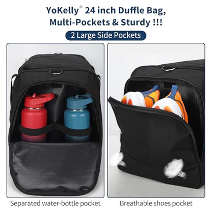 24 inch Large Gym Bag for Men - 65L Hard Bottom Duffle Bag with Shoes Compartment for Sport/Travel - Black - color: Black