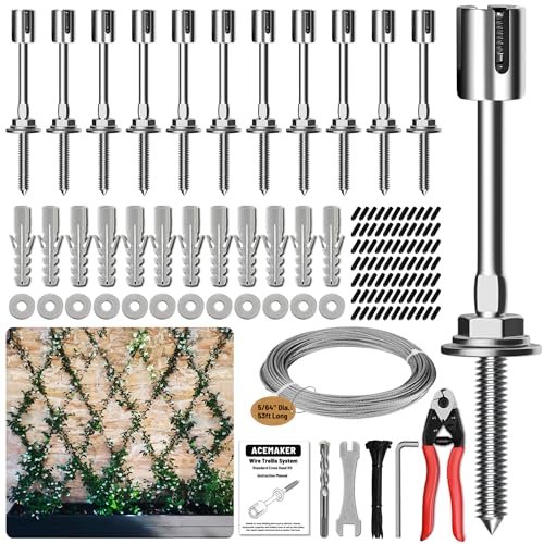 Wire Trellis Kit, 12-Set 5/64” Crosshead with Cutter & 53ft Cable | T316 Marine Grade Stainless Steel, Wall-Mounted Cable Trellis for Climbing Plants Outdoor, Garden Fence Espalier System - size: 12 Sets