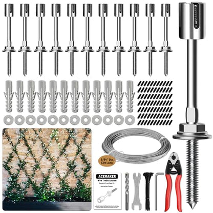 Wire Trellis Kit, 12-Set 5/64” Crosshead with Cutter & 53ft Cable | T316 Marine Grade Stainless Steel, Wall-Mounted Cable Trellis for Climbing Plants Outdoor, Garden Fence Espalier System - size: 12 Sets